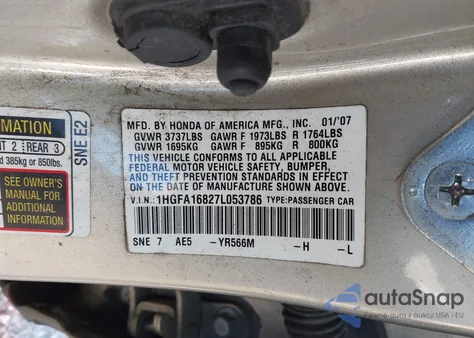 2007 Honda Civic Ex z USA, uszkodzony, nr VIN 1HGFA16827L053786